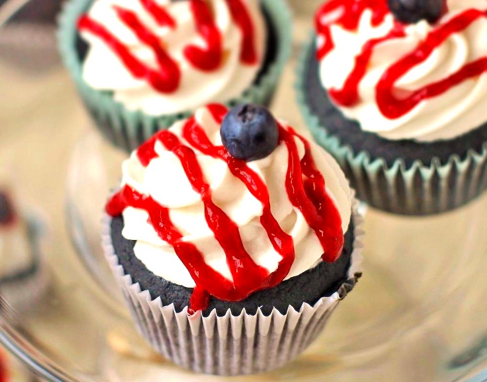 Recipe: Blue Velvet Cupcakes with White Coconut Frosting & Strawberry Syrup Drizzle