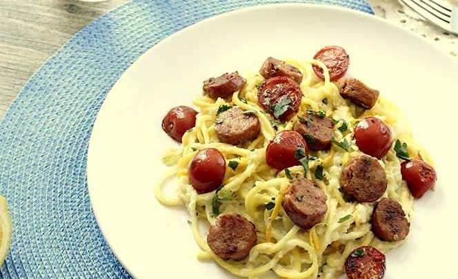 Corn Sauce Zucchini Pasta with Andouille Sausage and Tomatoes