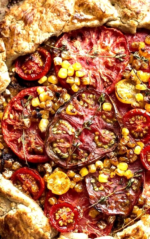 Caramelized Corn and Heirloom Tomato Galette with Herbed Roasted Garlic Goat Cheese