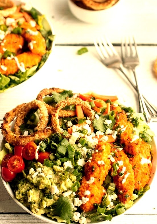 Buffalo Chicken + Blue Cheese Guacamole and Crunchy Baked Onion Ring Salad.