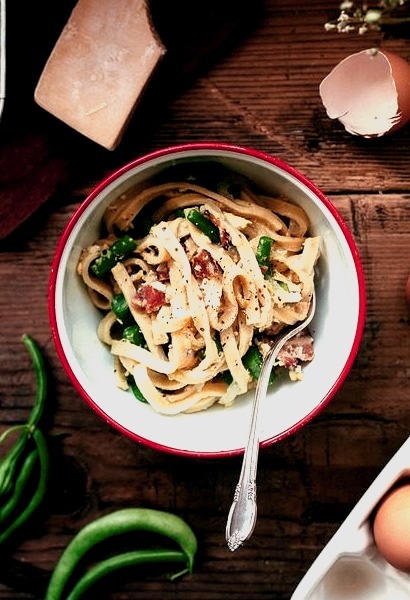 Fettuccine Carbonara With Green BeansSource